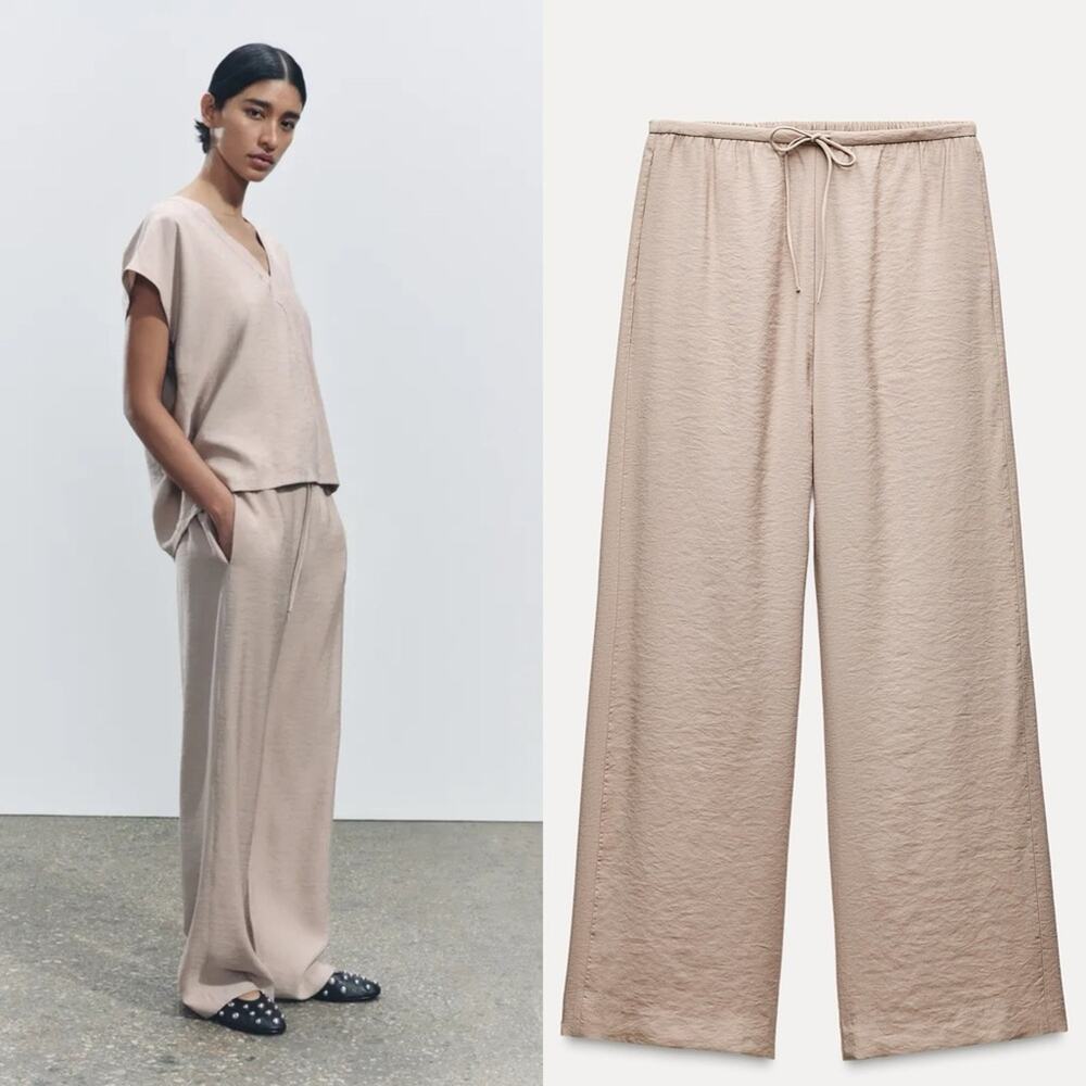 Zara Women's Beige Pajama Style Wide-Leg Drawstring Waist Pants Small